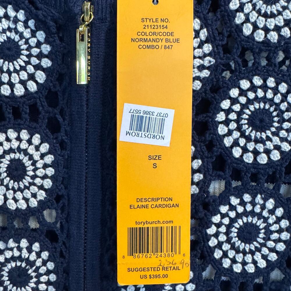 Tory Burch Elaine Cardigan NWT Small Navy Crochet Stripe Zip Sweater Size S - Picture 10 of 10
